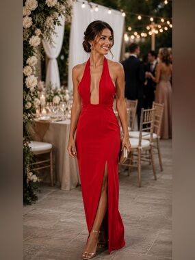 LOVERS + FRIENDS Red Long High Slit Halter Neck Formal Dress Women's Size XS